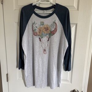 Floral Cow Skull Graphic Raglan Tee
